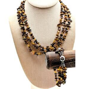 Triple Strand Tiger's Eye & Brown Chip Bead Magnetic Clasp Necklace & Bracelet